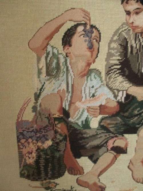 LARGE VINTAGE 1980  COMBINATION PETIT POINT TAPESTRY OF BOYS EATING FRUIT (SIGNED)