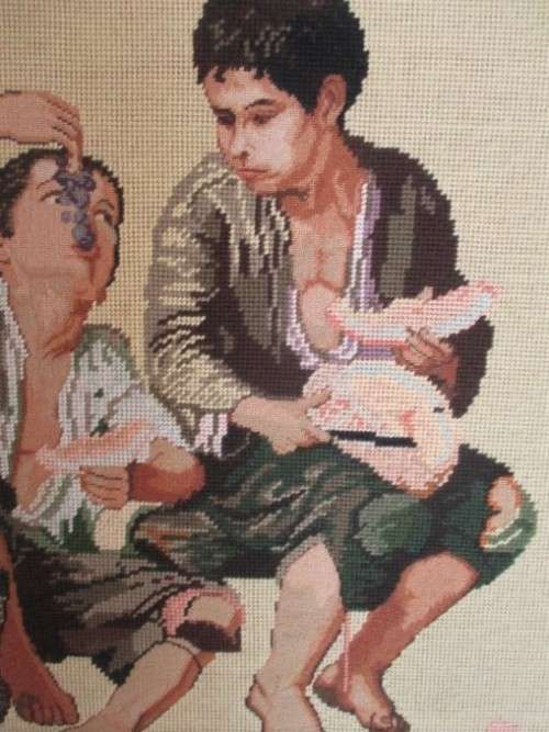 LARGE VINTAGE 1980  COMBINATION PETIT POINT TAPESTRY OF BOYS EATING FRUIT (SIGNED)
