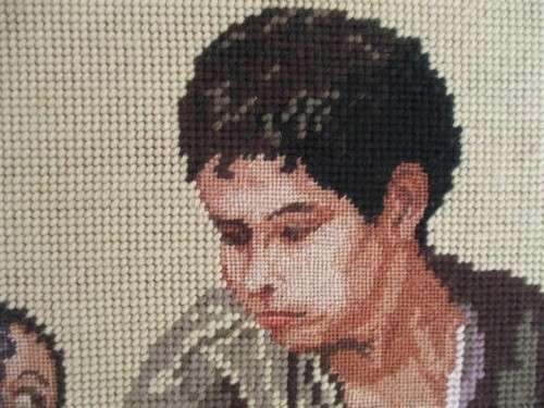 LARGE VINTAGE 1980  COMBINATION PETIT POINT TAPESTRY OF BOYS EATING FRUIT (SIGNED)
