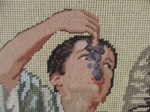LARGE VINTAGE 1980  COMBINATION PETIT POINT TAPESTRY OF BOYS EATING FRUIT (SIGNED)