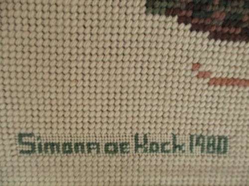 LARGE VINTAGE 1980  COMBINATION PETIT POINT TAPESTRY OF BOYS EATING FRUIT (SIGNED)