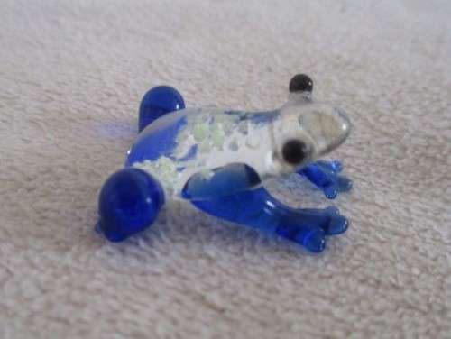 FOUR SMALL BLUE GLASS ORNAMENTS  - FISH, 2X FROGS AND TURTLE(GREAT CONDITION)