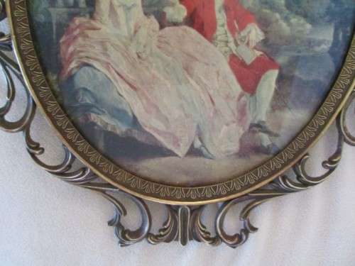 RARE!!  LARGE, GORGEOUS ROMANTIC SCENE IN VINTAGE SOLID BRASS FRAME, DOMED GLASS - MADE IN ITALY