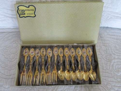 BOXED SET OF 6 TEASPOONS & 6 CAKE FORKS - EETRITE 24KT GOLD PLATED WITH PINK ROSE DECALS - AS NEW