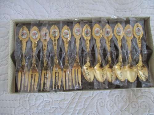 BOXED SET OF 6 TEASPOONS & 6 CAKE FORKS - EETRITE 24KT GOLD PLATED WITH PINK ROSE DECALS - AS NEW