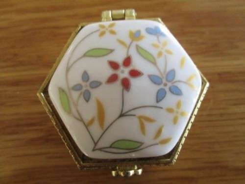 RELISTED - PRETTY FLORAL PORCELAIN AND BRASS PILL BOX