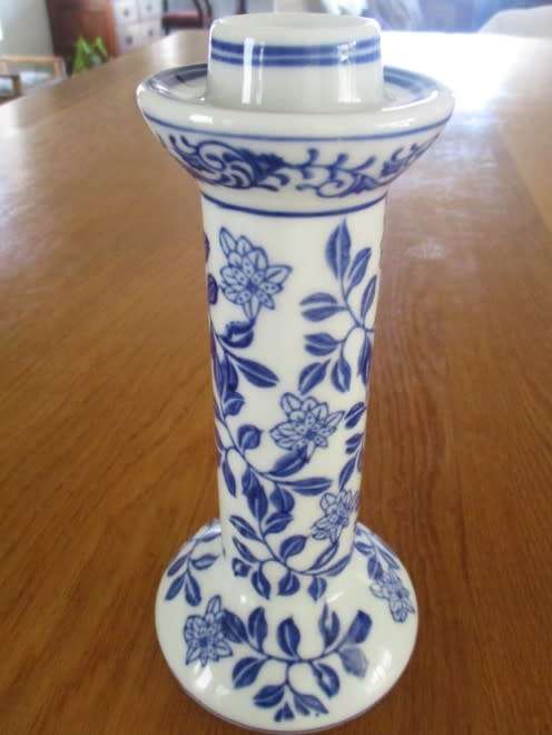 TWO VERY ATTRACTIVE, NICE-SIZED BLUE AND WHITE PORCELAIN CANDLESTICKS