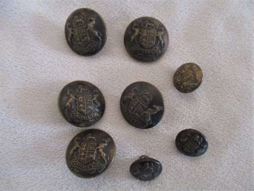 WOW!! A BATCH OF SIXTEEN VINTAGE MILITARY (S.A. AND BRITISH)  BRASS BUTTONS AND PINS