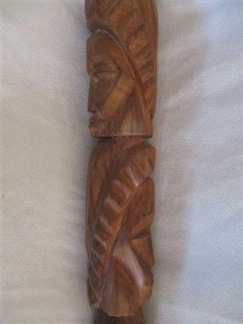 STURDY VINTAGE SOLID WOOD WALKING STICK HAND CARVED WITH TWO AFRICAN HEADS