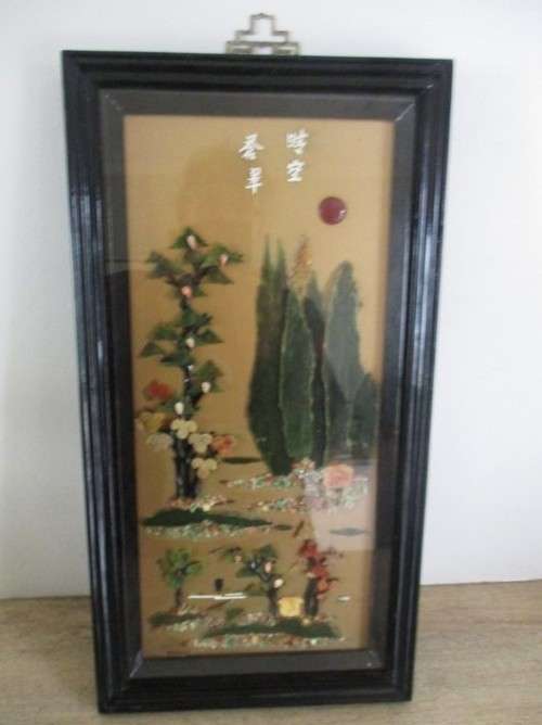 VINTAGE CHINESE DIORAMA ART WORK MADE FROM POLISHED GEMSTONES AND GEMSTONE SLICES/FRAGMENTS