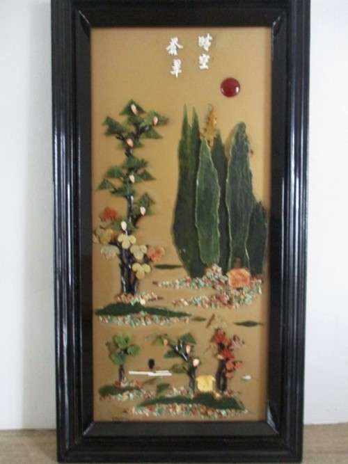 VINTAGE CHINESE DIORAMA ART WORK MADE FROM POLISHED GEMSTONES AND GEMSTONE SLICES/FRAGMENTS