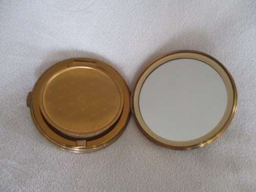 RARE AND UNIQUE - VINTAGE BRITISH  MASCOT POWDER COMPACT ADORNED WITH LUCKY SYMBOLS