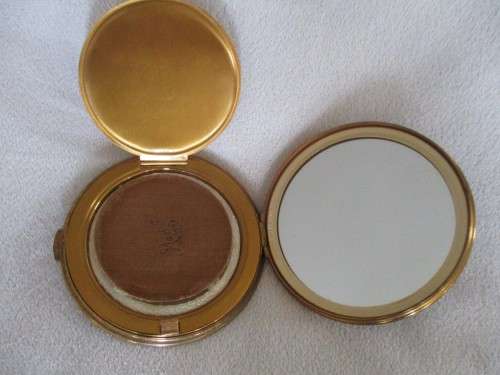 RARE AND UNIQUE - VINTAGE BRITISH  MASCOT POWDER COMPACT ADORNED WITH LUCKY SYMBOLS