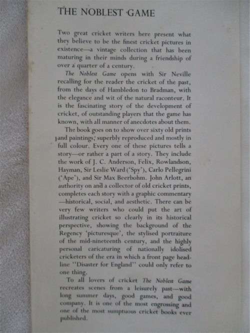1969 FIRST EDITION - THE NOBLEST GAME - A BOOK OF FINE CRICKET PRINTS - NEVILLE CARDUS & JOHN ARLOTT