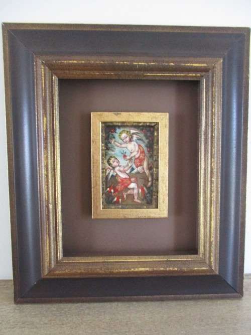 ORIGINAL  VINTAGE PAINTING OF CHERUBS/ANGELS/ADAM AND EVE IN LOVELY VINTAGE FRAME
