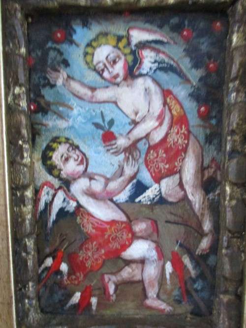 ORIGINAL  VINTAGE PAINTING OF CHERUBS/ANGELS/ADAM AND EVE IN LOVELY VINTAGE FRAME