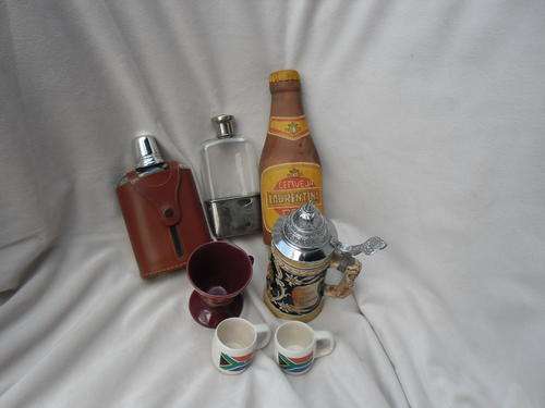 LOTS AND LOTS OF BAR GOODIES- including 2 beautiful flasks and gorgeous mug