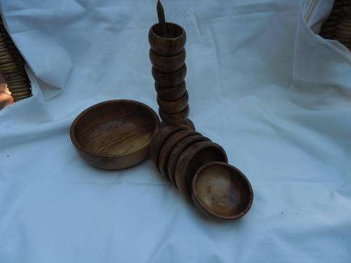 Wooden set of 5 dip dishes,one side salad dish and 6 egg cups?