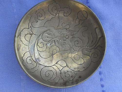 Vintage Footed Brass Chinese Dish with Dragon Motif