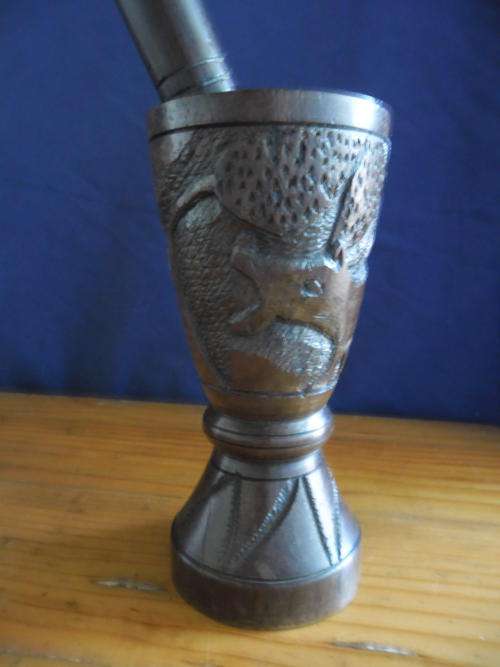 LOVELY WOODEN CARVED MORTAR AND PESTLE