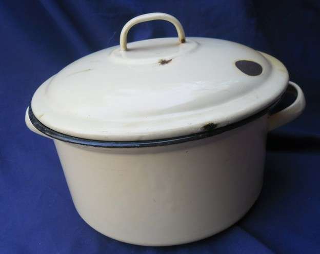 AN OLD ENAMELWARE LIDDED POT - DEFINITELY FOR DISPLAY AND NOT USE!!!
