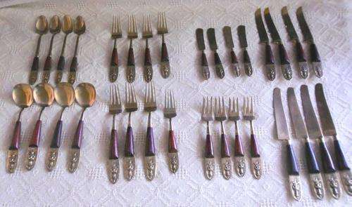 ABSOLUTELY STUNNING VINTAGE TEAK AND BRASS 32 PIECE DINNER SERVICE FROM SIAM (CIRCA 1930's)!!!