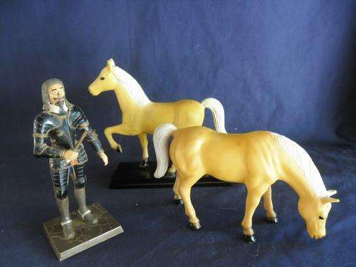 TWO VINTAGE HARD PLASTIC HORSES AND WHAT LOOKS LIKE A SPANISH CONQUISTADOR!!