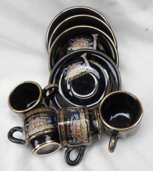 FOUR EXPRESSO CUPS AND SAUCERS MARKED 'HANDMADE IN GREECE IN 24 K GOLD'