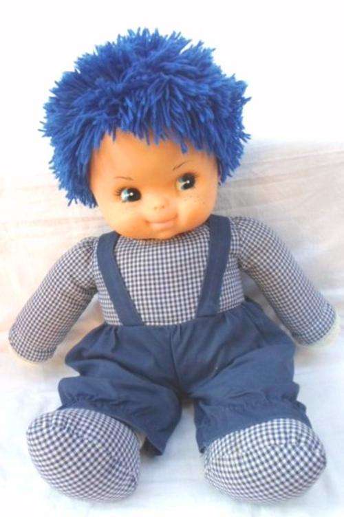 ADORABLE LARGE 55CM VINTAGE BOY DOLL WITH BLUE WOOL HAIR AND LAUGHING FACE!!