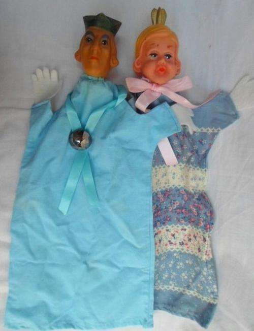 VINTAGE HAND PUPPETS WITH RUBBER FACES - A SOMBRE KING AND A PUCKER-FACED QUEEN!!