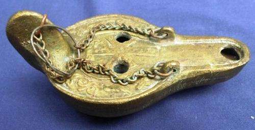 AN EXTREMELY OLD BRONZE BYZANTINE CATHOLIC OIL LAMP WITH CHI RHO SYMBOL!!