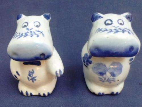 CUTE BLUE AND WHITE HIPPO SALT AND PEPPER CELLARS!!
