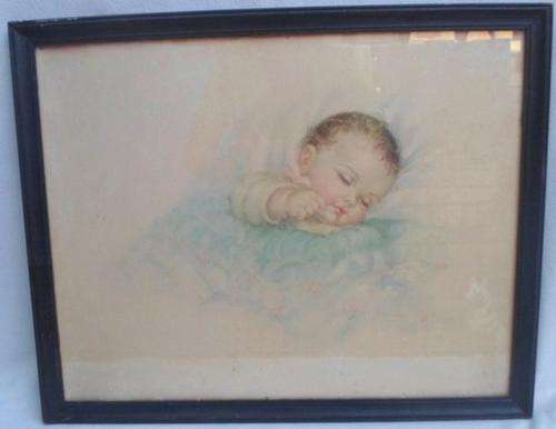 VINTAGE 1930's CHARLOTTE BECKER (GERMANY) PRINT ENTITLED 'IN SLUMBERLAND' IN VINTAGE FRAME!!