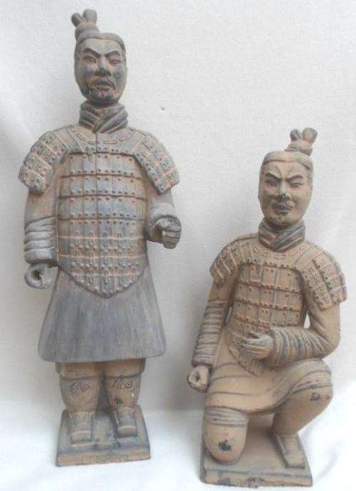 TWO LARGE MID CENTURY TERRACOTTA WARRIORS - SIGNED!!