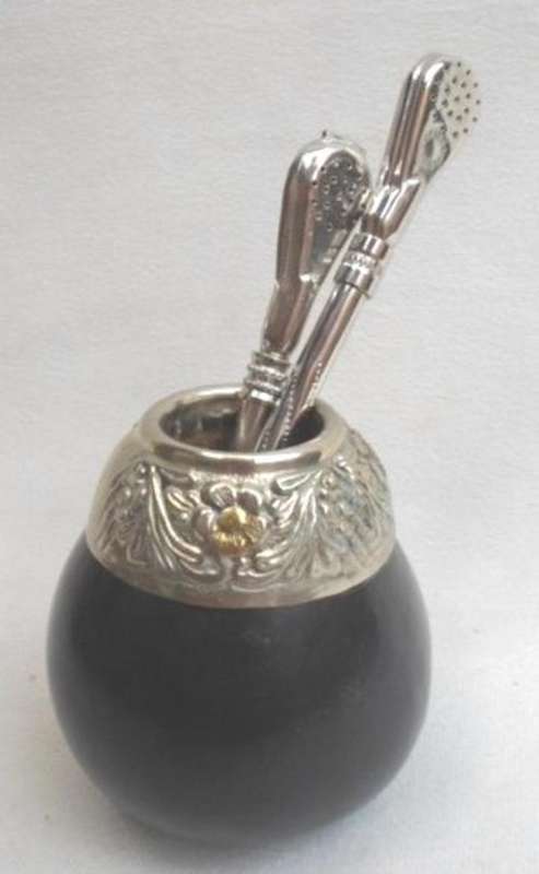 WOW!! VINTAGE (ANTIQUE?) YERBA MATE TEA GOURD AND TWO BOMBILLAS (ONE MARKED INDUSTRIA ARGENTINA)!!
