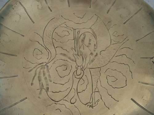 NICE-SIZED VINTAGE CHINESE HEAVY SOLID BRASS BOWL ENGRAVED WITH DRAGON (DISREGARD REFLECTIONS)