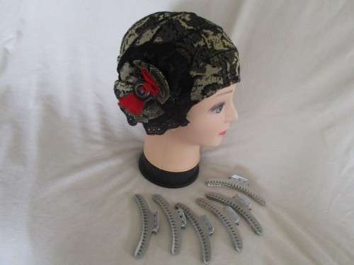 GREAT GADSBY NOSTALGIA - SIX VINTAGE 1920`s/30`s METAL WAVE CLIPS AND A FLAPPER CLOCHE HAT