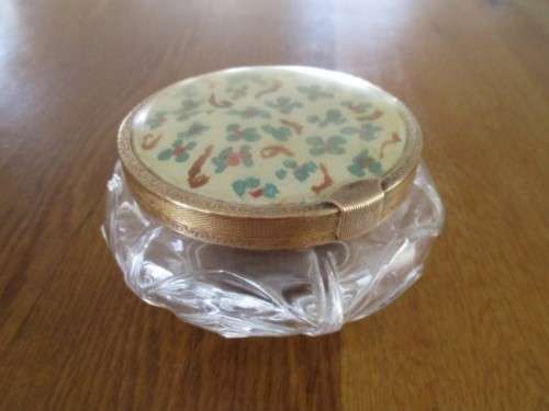 VINTAGE PRESSED GLASS TRINKET BOX WITH HAND PAINTED LID
