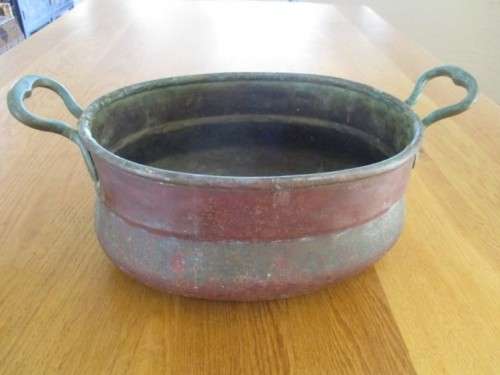 LARGE, HEAVY  ANTIQUE SOLID COPPER  TURKISH POT - BRASS HANDLES  -  `AS FOUND` CONDITION WITH PATINA