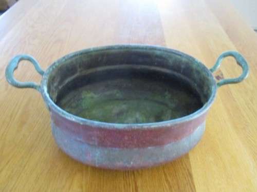 LARGE, HEAVY  ANTIQUE SOLID COPPER  TURKISH POT - BRASS HANDLES  -  `AS FOUND` CONDITION WITH PATINA