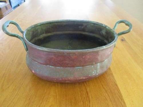 LARGE, HEAVY  ANTIQUE SOLID COPPER  TURKISH POT - BRASS HANDLES  -  `AS FOUND` CONDITION WITH PATINA