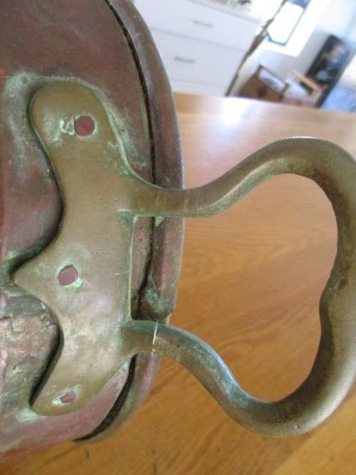 LARGE, HEAVY  ANTIQUE SOLID COPPER  TURKISH POT - BRASS HANDLES  -  `AS FOUND` CONDITION WITH PATINA