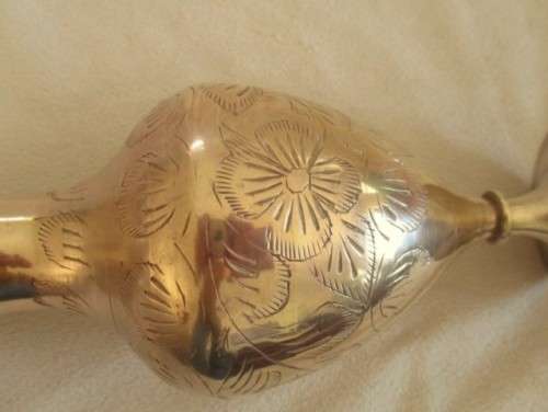 VINTAGE HAND ETCHED INDIAN BRASS VASE WITH RUFFLED EDGE (PLEASE DISREGARD REFLECTIONS)