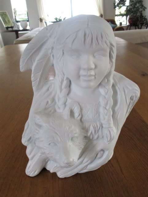 FOR ZEEBOB ONLY -LARGE MOULDED CERAMIC SCULPTURE OF RED INDIAN GIRL AND WOLF