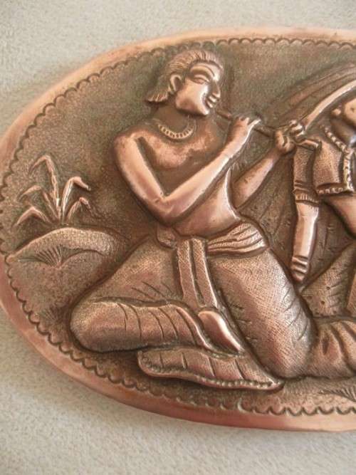 HAND CRAFTED REPOUSSE VINTAGE MIDDLE-EASTERN INDIAN COPPER PLAQUE - MAN PLAYING FLUTE FOR LADY