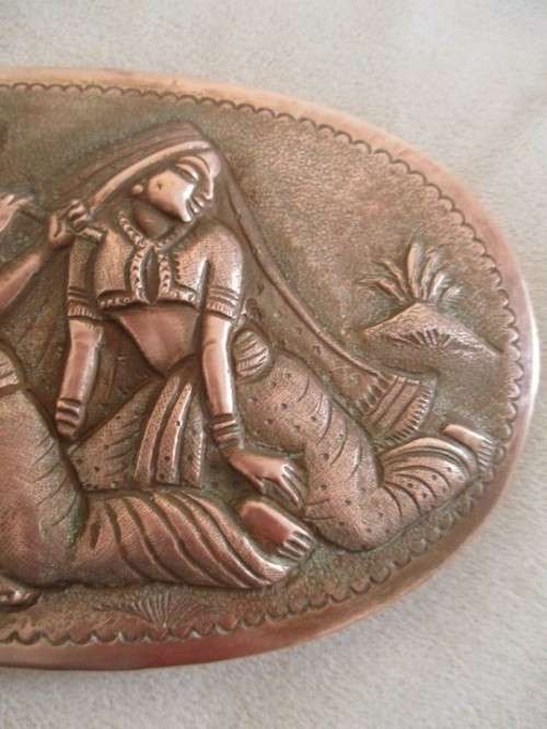 HAND CRAFTED REPOUSSE VINTAGE MIDDLE-EASTERN INDIAN COPPER PLAQUE - MAN PLAYING FLUTE FOR LADY