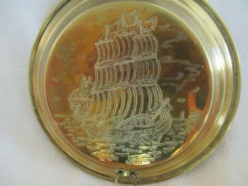 VINTAGE DMJ, ENGLAND BRASS SILENT BUTLER/TABLE CRUMB CATCHER ENGRAVED WITH OLD SAILING SHIP