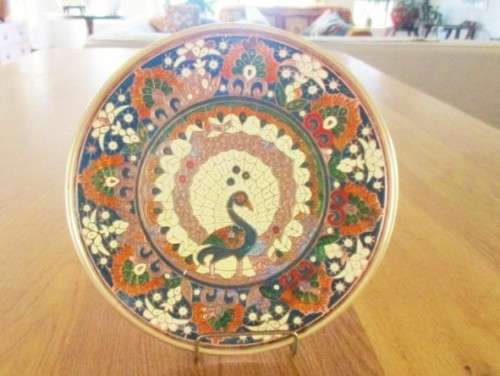 VERY STRIKING ENAMELLED BRASS AND COPPER PLAQUE WITH STAND - VIBRANT COLOURS