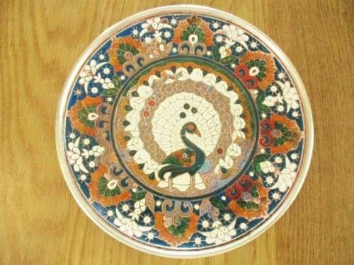 VERY STRIKING ENAMELLED BRASS AND COPPER PLAQUE WITH STAND - VIBRANT COLOURS