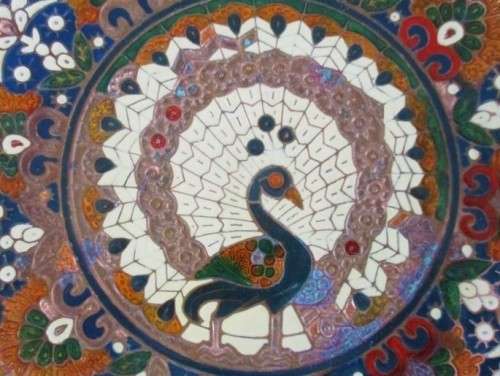 VERY STRIKING ENAMELLED BRASS AND COPPER PLAQUE WITH STAND - VIBRANT COLOURS